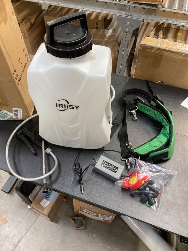 Photo 1 of Iriisy Battery Powered Backpack Sprayer, 3.2 Gallon Electric Garden Pump Sprayer with Lithium Battery, Lawn Sprayer with 6 Nozzles and 3 Wands High-Pressure Spray Hose for Weeding Spraying Cleaning