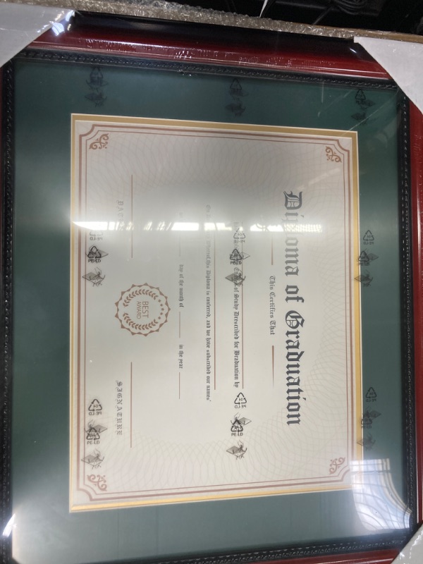 Photo 1 of 11x14 Diploma Degree Frame with Green Mat or Display 15x18 Certificates without Mat,Solid Wood,Cherry Finish with Intricate Black Rope Detail,UV Protection Acrylic Cherry / Green Gold Mat 15x18 for 11x14 with Mat