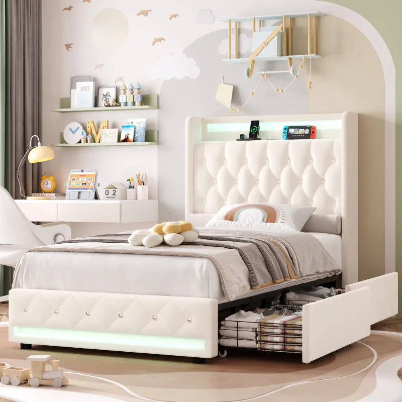 Photo 1 of ***(PARTS ONLY -SELLING AS IS -INCOMPLETE)*** 
Homfa Twin Bed Frame with LED Light & Charge Station, Storage Drawers Modern Upholstered Wingback Platform Bed Frame, Beige Velvet  ***(BOX RIPPED/TORN)***
