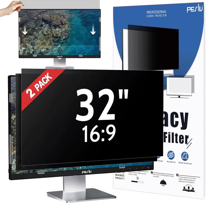 Photo 1 of [2 Pack] 32 Inch Privacy Screen for Computer Monitor 16:9 Aspect Ratio, Eye Protection Anti Blue Light Glare Shield, 32inch Removable Black Blackout Anti Spy Desktop Security Private Filter
