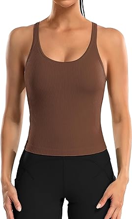 Photo 1 of ATTRACO Women Ribbed Workout Crop Tops with Built in Bra Yoga Racerback Tank Top Tight Fit