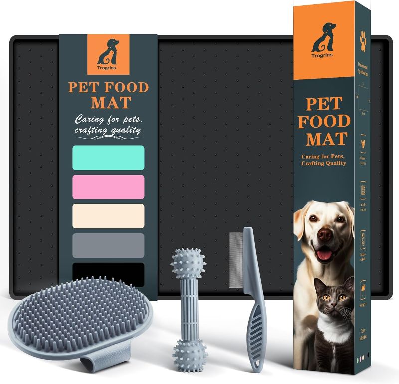 Photo 1 of 
BUNDLE ITEMS (2PACK)Dog Food Mat - Bonus with 3 PCS Pet Kit Including Comb, Brush, and Chewing Toy, Waterproof Silicone Pet Feeding Mat for Food and Water, Raised Edge Cat Tray, Size: Small (19"x12") - Black