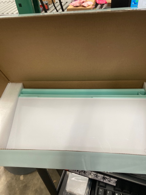 Photo 2 of Desktop Dry Erase Board - NoteDesk Glass Whiteboard with Tablet Holder and Storage - Small White Board Keyboard Riser and Computer Memo Board Mesh Desktop Organizer (Turquoise Blue)