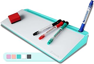 Photo 1 of Desktop Dry Erase Board - NoteDesk Glass Whiteboard with Tablet Holder and Storage - Small White Board Keyboard Riser and Computer Memo Board Mesh Desktop Organizer (Turquoise Blue)