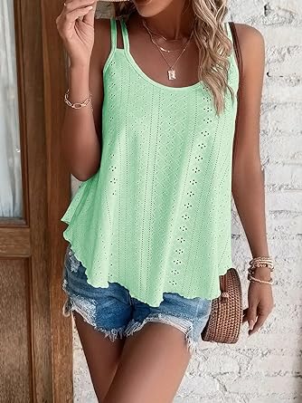 Photo 1 of AIMITAG Spaghetti Strap Tank Tops Women Eyelet Embroidery Sleeveless Tops Scoop Neck Sexy Loose Fit Casual Summer Flowy Camis