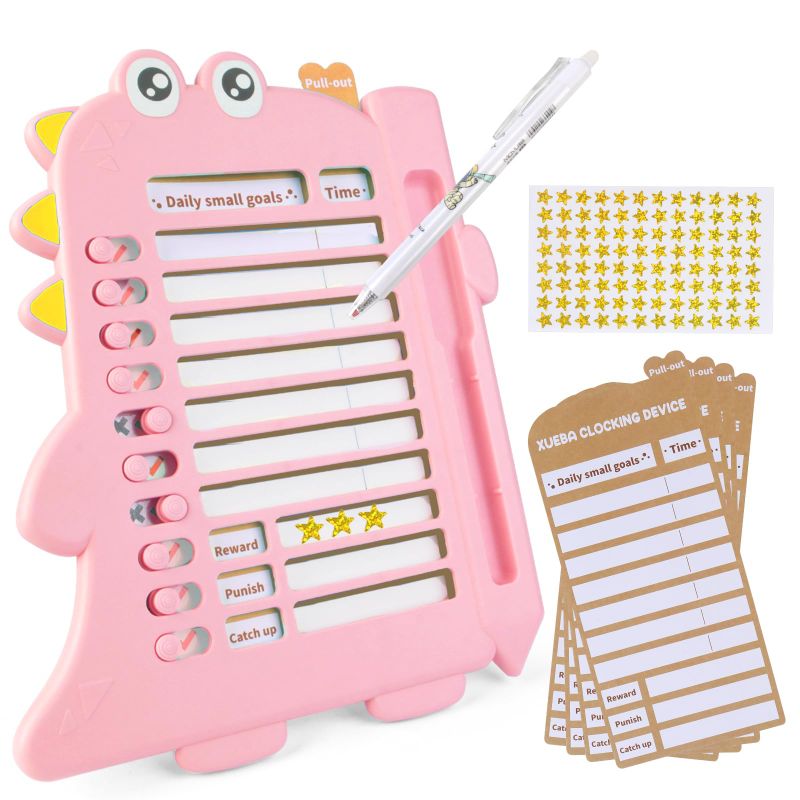 Photo 1 of Chores Chart for Kids, to Do List Boards, Portable Chore Chart Memo Plastic Board Planning Daily Schedule Planner with 14 Detachable Cardstock/Inspire Stars (Pink)