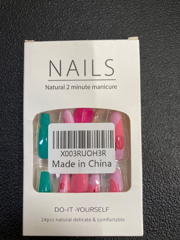 Photo 2 of 24 Pcs Press on Nails Long Coffin Fake Nails with Butterfly Design Stick on Nails Pink Green Acrylic Nails Full Cover Glossy Glue on Nails Colorful Butterfly False Nails for Women Manicure Decorations style2