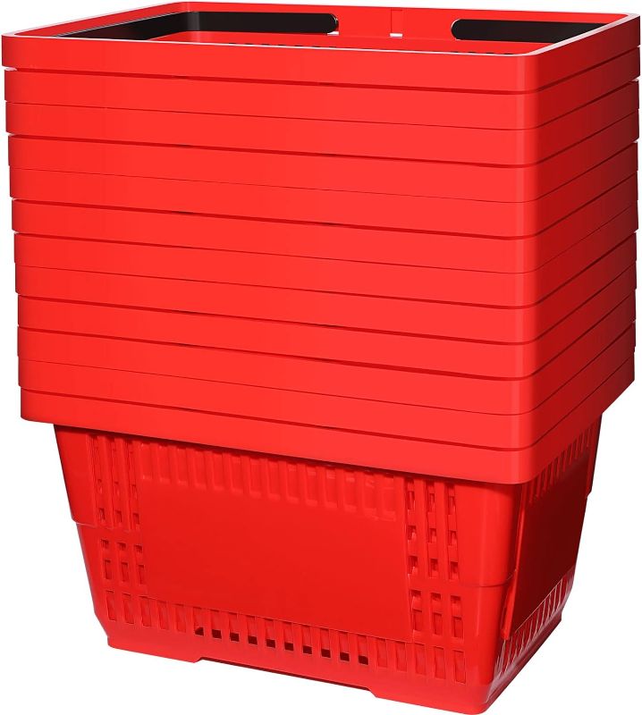 Photo 1 of Set of 20 Shopping Baskets with Handles Plastic Grocery Baskets 16.9 x 11.8 x 9 Inch Portable Shop Basket Bulk for Retail Stores Supermarket Grocery Shopping (Red)