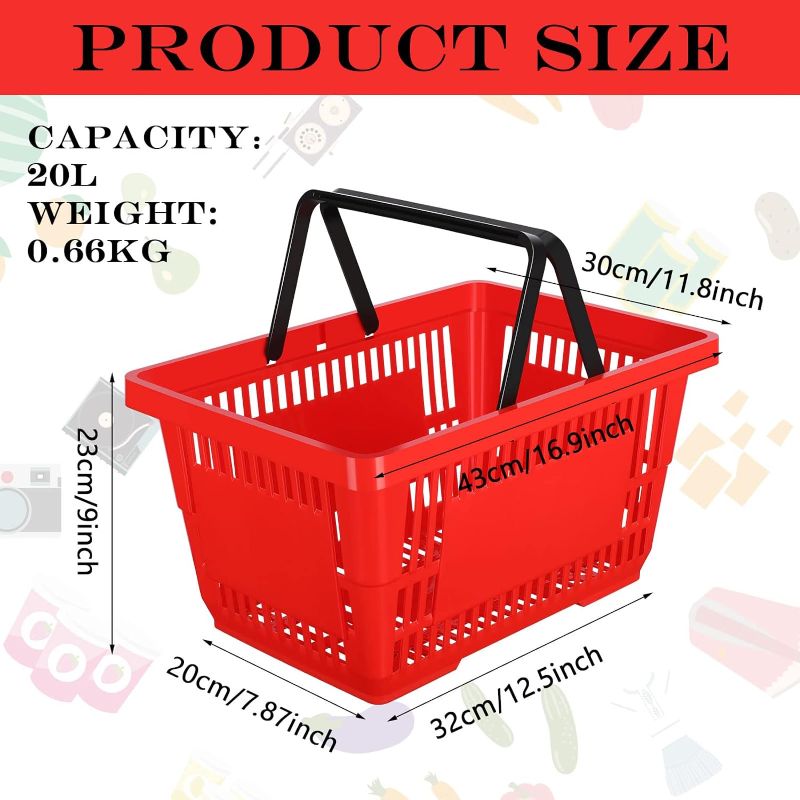 Photo 2 of Set of 20 Shopping Baskets with Handles Plastic Grocery Baskets 16.9 x 11.8 x 9 Inch Portable Shop Basket Bulk for Retail Stores Supermarket Grocery Shopping (Red)