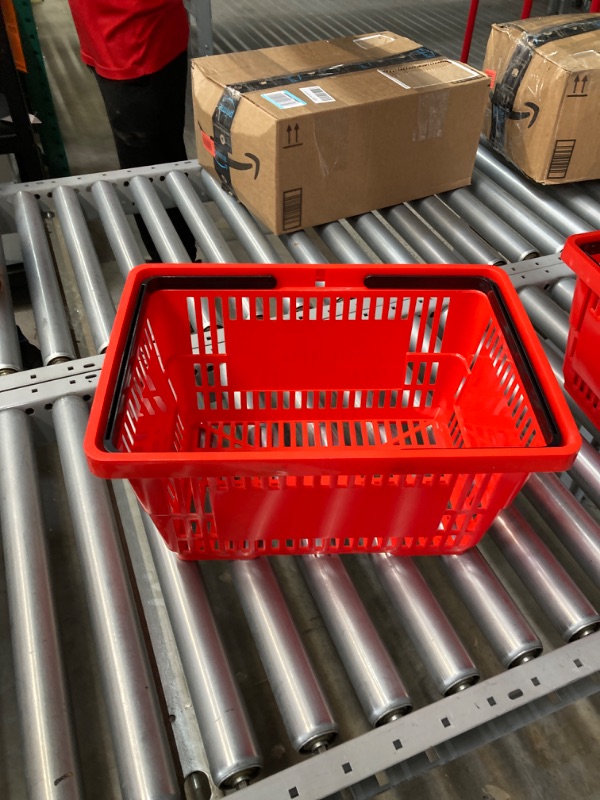 Photo 3 of Set of 20 Shopping Baskets with Handles Plastic Grocery Baskets 16.9 x 11.8 x 9 Inch Portable Shop Basket Bulk for Retail Stores Supermarket Grocery Shopping (Red)