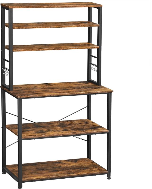 Photo 1 of VASAGLE Coffee Bar, Baker’s Rack for Kitchen with Storage, 6-Tier Kitchen Shelves with 6 Hooks, Microwave Stand, Industrial, 15.7 x 31.5 x 65.7 Inches, Rustic Brown and Black