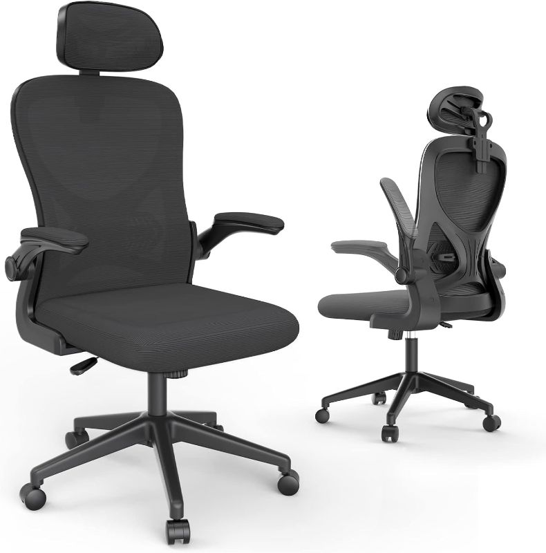 Photo 1 of Home Office Chairs with Flip Up Arms, Comfortable Computer Desk Chair with Wheels Adjustable Headrest and Lumbar Support for Home Office (Black)