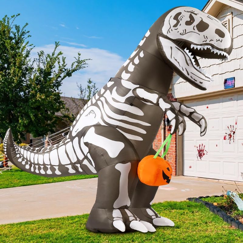 Photo 1 of 7.2Ft Halloween Inflatable Skeleton Dinosaur Outdoor Decorations Blow Up Yard Red Eye Skeleton Dinosaur with Built-in LEDs for Outdoor Garden Lawn Party Decor