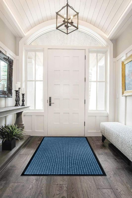 Photo 1 of LuxUrux Striped BlueDoor Mat - Heavy-Duty, Indoor/Outdoor, Waterproof, Low-Profile (4x8 Feet) - Durable Solution for High Traffic Areas 4 x 8 Feet Striped Blue