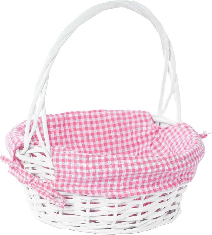 Photo 1 of White Round Willow Gift Basket, with Pink Gingham Liner and Handle- Small