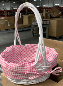 Photo 2 of White Round Willow Gift Basket, with Pink Gingham Liner and Handle- Small