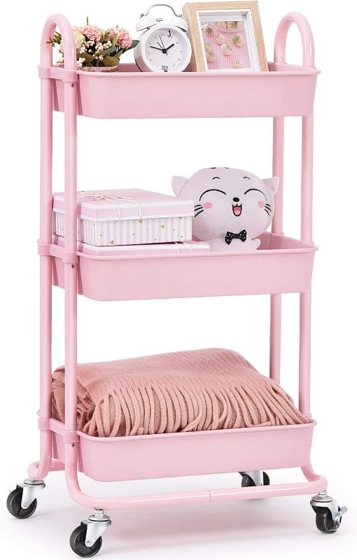 Photo 1 of  Utility Rolling Cart with Lockable Wheels, Multi- Purpose Storage Organizer, Organizer Trolley with Handles, Serving Trolley with Mesh Baskets for Home, Office, Kitchen, Bathroom (Pink)