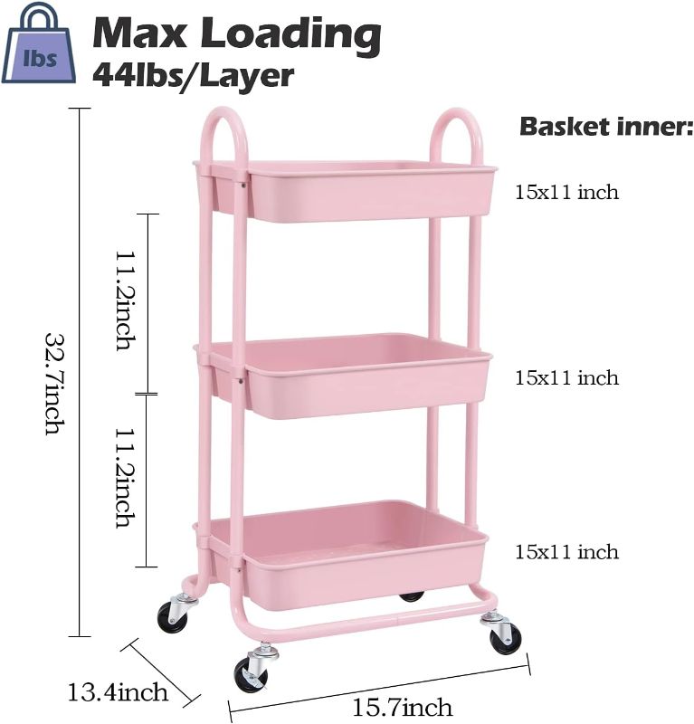 Photo 2 of  Utility Rolling Cart with Lockable Wheels, Multi- Purpose Storage Organizer, Organizer Trolley with Handles, Serving Trolley with Mesh Baskets for Home, Office, Kitchen, Bathroom (Pink)