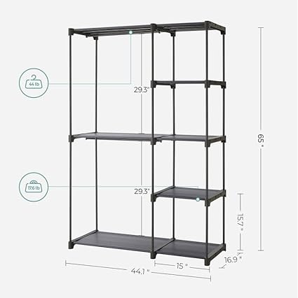 Photo 2 of SONGMICS Portable Closet, Freestanding Closet Organizer, Clothes Rack with Shelves, Hanging Rods, Storage Organizer, for Cloakroom, Bedroom, 44.1 x 16.9 x 65 Inches, Gray URYG024G02 44.1 x 16.9 x 65 Inches Grey