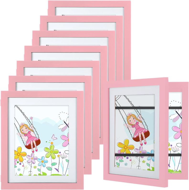 Photo 4 of 8 Pcs 10x12.5 Inch Kids Artwork Picture Frame Art Cabinet Wood Frame with Tempered Glass Front Opening Interchangeable Photo Frame for Drawings Paintings Children Art Projects Schoolwork (Pink)