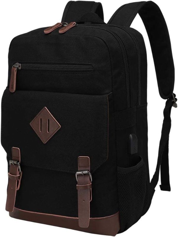 Photo 1 of Canvas Backpack for Men Women, Vintage Rucksack Fits Most 15.6 Inch Laptop, Bookbag with USB Charging Port, Black
