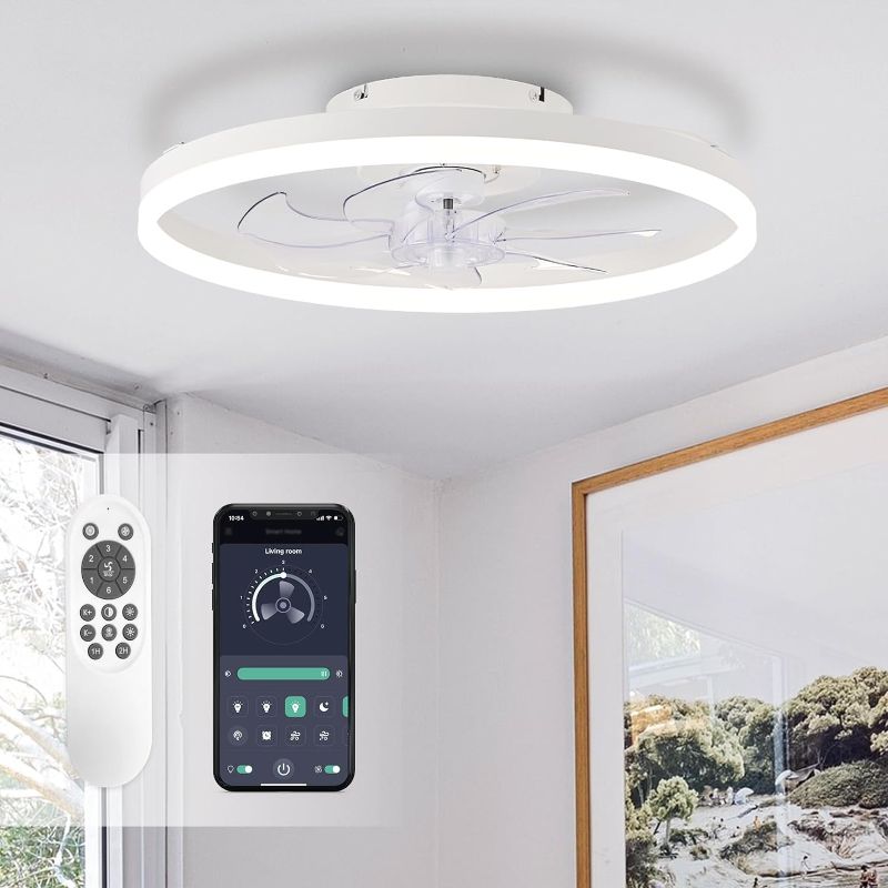 Photo 4 of Ceiling Fans with Lights,20" Low Profile Ceiling Fan with Remote Control, Modern Flush Mount Ceiling Fan,White Fan Light for Bedroom, Living Room,Kitchen,Small LED Ceiling Light Fixture
