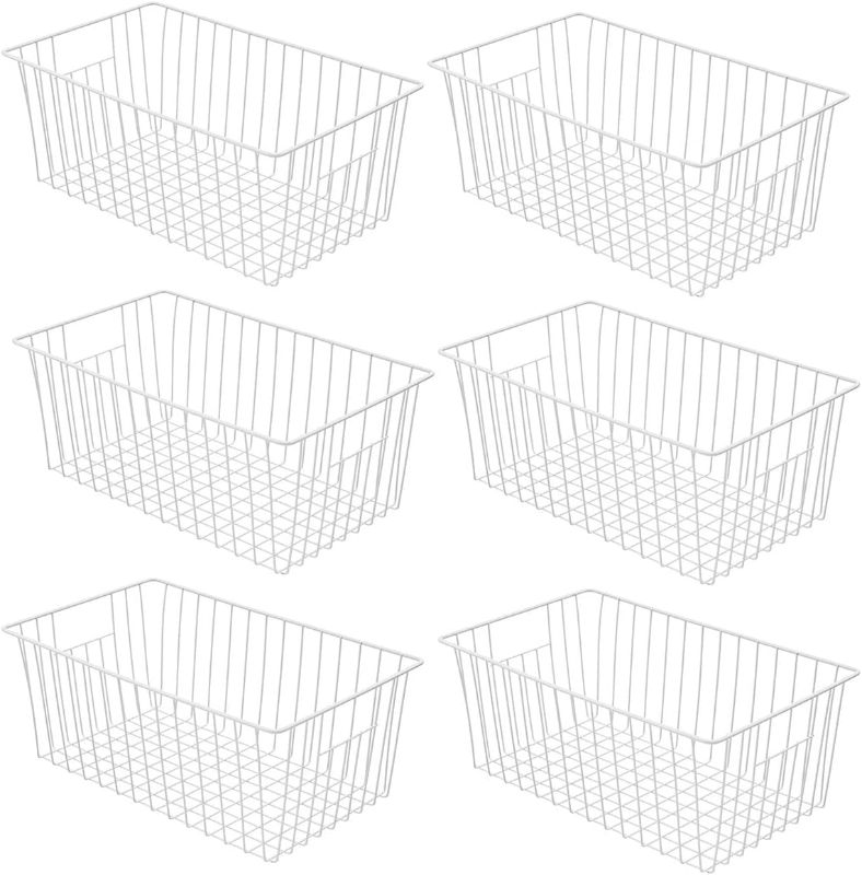 Photo 1 of Freezer Baskets Organizer, Refrigerator Metal Wire Storage Divider, Household Container Bins with Handles for Kitchen, Pantry, Cabinet, Closets - Pearl White - pack of six