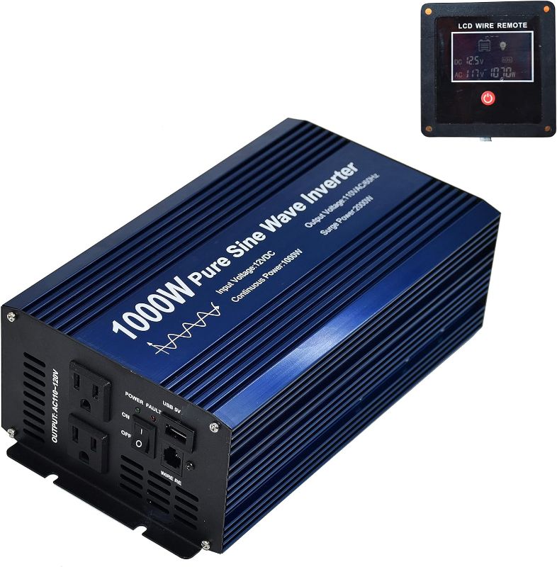 Photo 1 of Pure Sine Wave Power Inverter 1000W DC12V to AC 110V with Dual sockets and USB, LCD Remote kit. (1000W)
