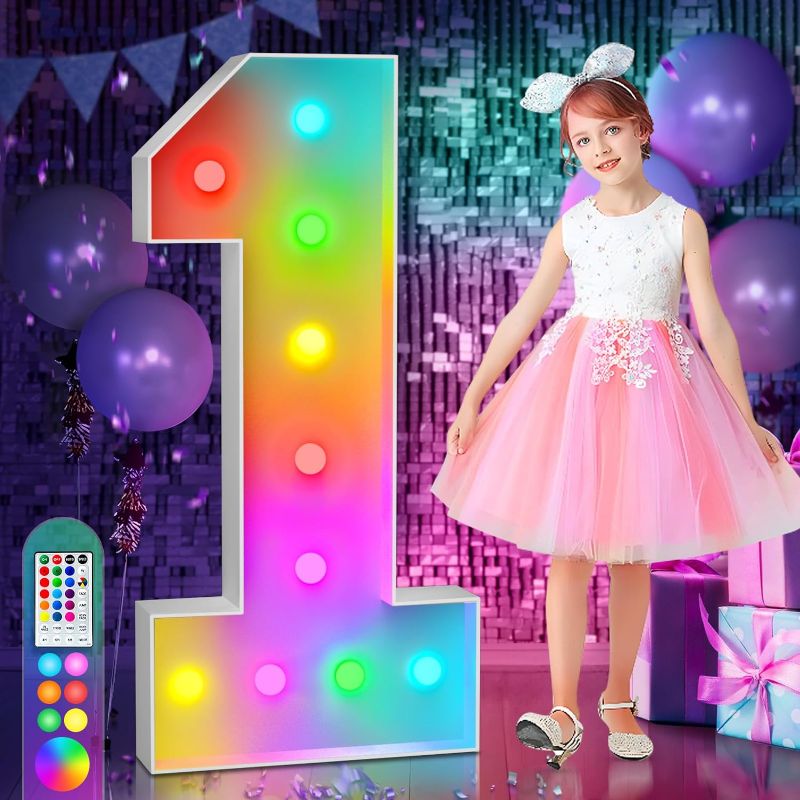 Photo 1 of imprsv 4FT Colorful Marquee Light Up Numbers,18 Colors Number 1 with Remote, Light Up Numbers Sign for 1st 18th Birthday Anniversary Party Decor, Pre-Cut Foam Board Kit, Mosaic Numbers for Balloon