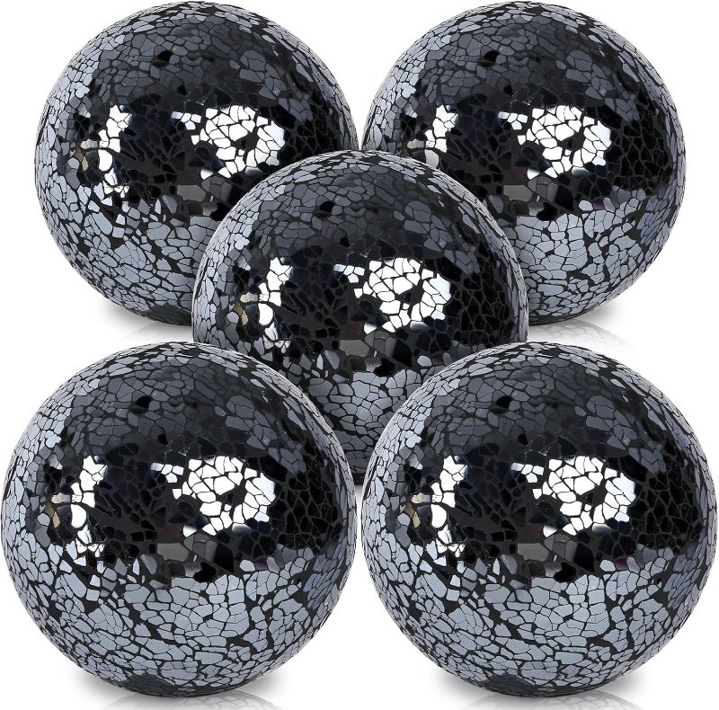 Photo 2 of FUTUREPLUSX 5PCS Decorative Balls, 3.2inch Mosaic Glass Orbs Black Orbs Centerpiece Balls for Decorate Bowls Vases Tables Wedding Party