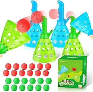 Photo 1 of Duckura Outdoor Indoor Game Activities for Kids, Pop-Pass-Catch Ball Game with 4 Catch Launcher Baskets and 24 Balls, Easter Basket Stuffers Gifts Party Favors Beach Sport Toys for Kids Age 5 6 7 8 9+