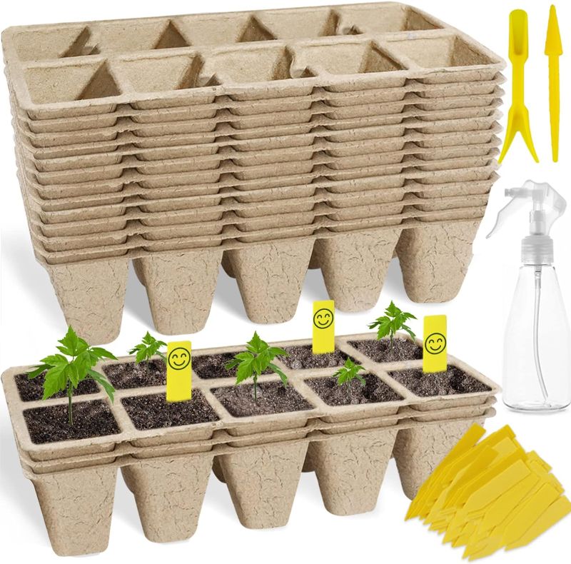 Photo 1 of 100Cells Seedling Start Trays,10 Pack Peat Pots Seedling Pots Biodegradable,Seedling Starter Kit,Organic Germination Plant Starter Trays,Cell Pots with 100 Labels,2 Transplant Tools,1 Spray Bottle