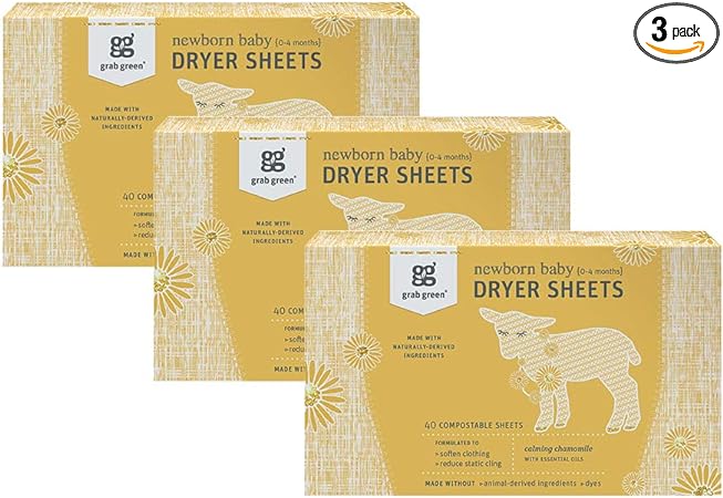 Photo 1 of Grab Green Newborn Baby Dryer Sheets - Natural Scent Booster and Fabric Softener to Reduce Wrinkles and Static (Calming Chamomile Scent, 120 Sheets Total)