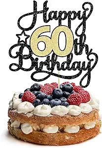 Photo 1 of 1Pc Happy 60th Birthday Cake Topper Black Gold Glitter Cheers to 60 Years Birthday Cake Pick 60 Fabulous Cake Decoration for Happy 60th Birthday Anniversary Party Cake Decorations Supplies