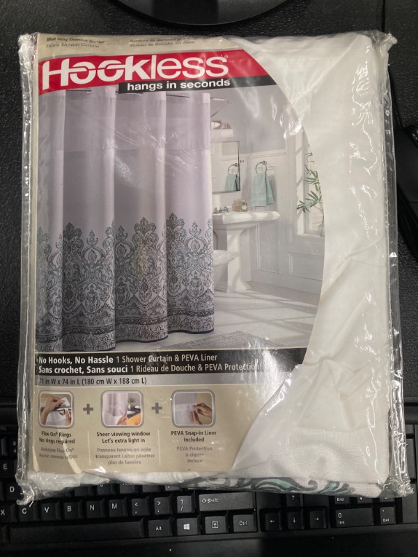 Photo 4 of 
Hookless Damask Border 71" x 74" Shower Curtain in Blue/Grey