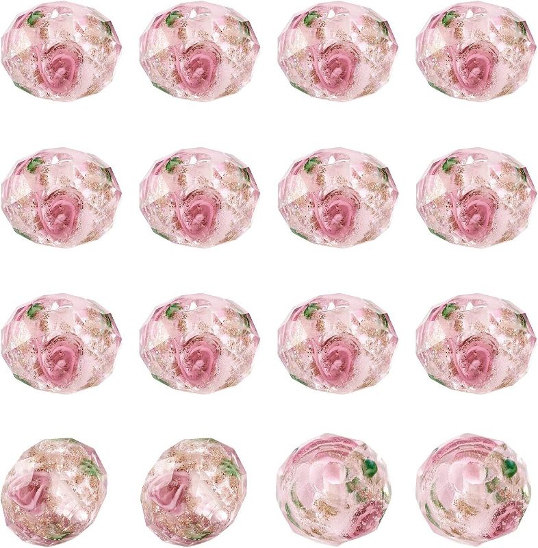 Photo 1 of Craftdady About 60Pcs Handmade Gold Sand Lampwork Faceted Rondelle Glass Beads Strands Flower Inlaid Spacer Loose Beads for DIY Jewelry Making Hole: 2mm (Pink)