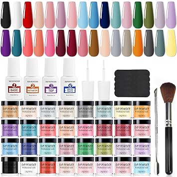 Photo 1 of 32 Color Dip Nail Powder Starter Kit 36 Bottle Blue Cheese Yellow Nail Dip Powder Kit with Base Top Coat Activator Dip Powder Kit for French Nail Art Manicure DIY Salon