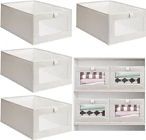 Photo 1 of 4 Pcs Linen Closet Organizers and Storage Foldable Clothing Bins Large Foldable Box with Window Storage Baskets for Closet Shelf Clothes Jeans Toys Organization, Beige