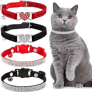 Photo 1 of Weewooday 4 Pieces Rhinestone Cat Collar Heart Bling Breakaway Cat Collar Soft Velvet Collar with Rhinestone Love Heart Adjustable Safety Cat Collar with Bell for Kitty