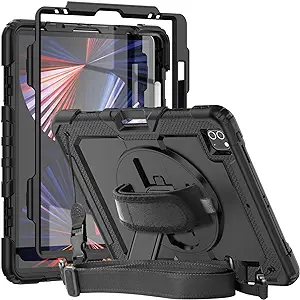 Photo 1 of iPad Pro 12.9 Case 2022/2021/2020 with Screen Protector Pencil Holder | Herize iPad Pro 12.9 inch 6th/5th/4th Generation Case | Full Body Shockproof Rugged Protective Rubber Case W/Stand Strap | Black