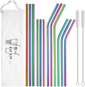 Photo 1 of 2-Pack Rainbow Metal Straws Reusable with Case - Stainless Steel Drinking Straws for 30oz 