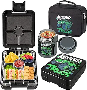 Photo 1 of Bento Lunch Box Set for Kids with 10oz Soup Thermo, Leak-Proof Lunch Containers with 4 Compartment, Kids Thermo Hot Food Jar and Insulated Lunch Bag for Kids to School,BPA-Free(Black-Trucks)