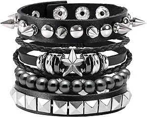 Photo 1 of MILAKOO 4Pcs Punk Gothic Braided Leather Bracelet for Women Men with Stone Beads Stretch Wristband Adjustable