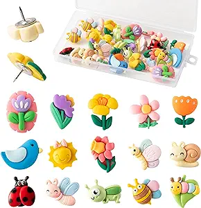 Photo 1 of BeYumi 30Pcs Spring Floral Insect Push Pins Springtime Flower Sun Thumbtacks Cute Creative Decorative Colorful Push Pin for Cork Board Bulletin Board Photo Wall Map Home School Office Decoration
