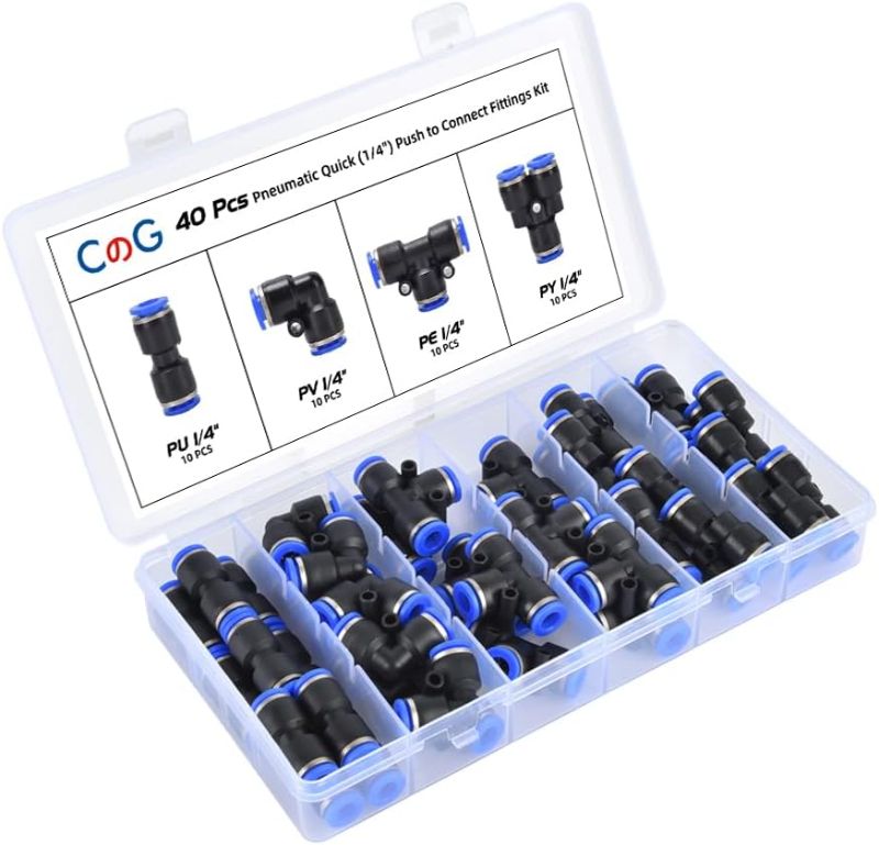 Photo 1 of 40Pcs Quick Connect Air Hose Fittings 1/4 inch OD 10 Spliters+10 Elbows+10 tee+10 Straight Quick Release Pneumatic Push to Connect Fittings Kit Air Line Fittings for 1/4 inch Tube