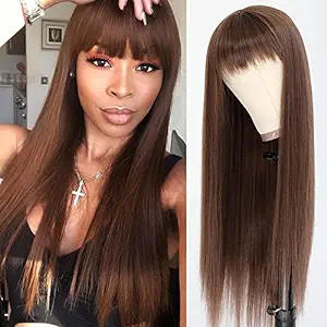 Photo 3 of  Long Straight Hair Brown Wigs with Bangs Heat Resistant Hair Synthetic No Lace Wigs for Fashion Women