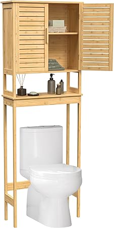 Photo 1 of Over The Toilet Storage Cabinet, Bathroom Cabinet with Adjustable Inside Shelf and Bottom Stabilizer Bar, Space-Saving Toilet Rack, Natural Beige