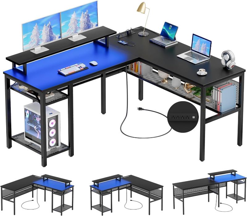 Photo 1 of Unikito L Shaped Desk, Reversible Corner Computer Desk with Magic Power Outlets and Smart LED Light, Unique Grid Design, 55 Inch Office Desk with Monitor Stand and Storage Shelf, Black