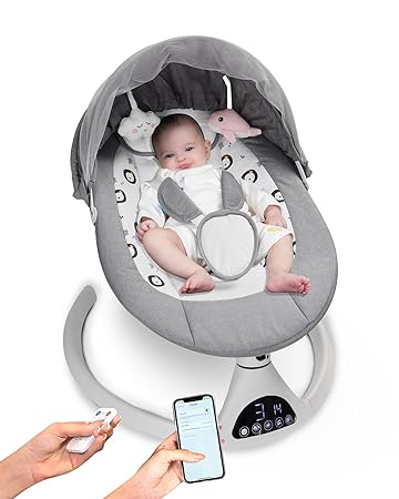 Photo 1 of Baby Swing for Infants to Toddler Portable Babies Swing Timing Function 5 Swing Speeds Bluetooth Touch Screen Music Speaker with 10 Preset Lullabies 5-Point Carabiner Gray