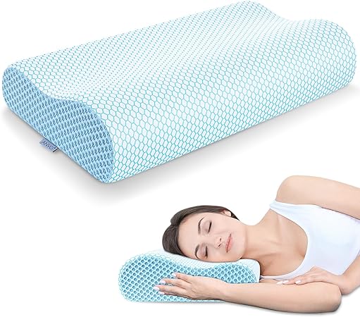 Photo 1 of Anvo Memory Foam Pillow, Neck Contour Cervical Orthopedic Pillow for Sleeping Side Back Stomach Sleeper, Ergonomic Bed Pillow for Neck Pain - Blue White, Firm